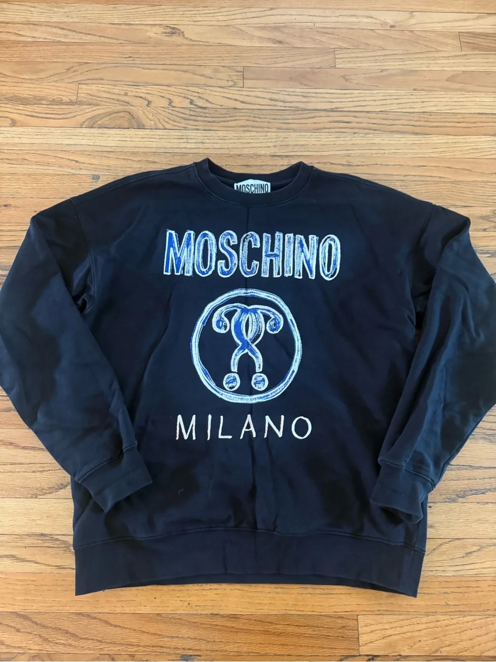 Moschino Milano Black Crewneck Sweatshirt with Blue and White Logo